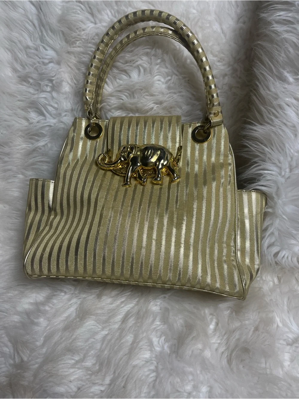 Gold Striped coated fabric Satchel Gold tone Elephant-Embellished
